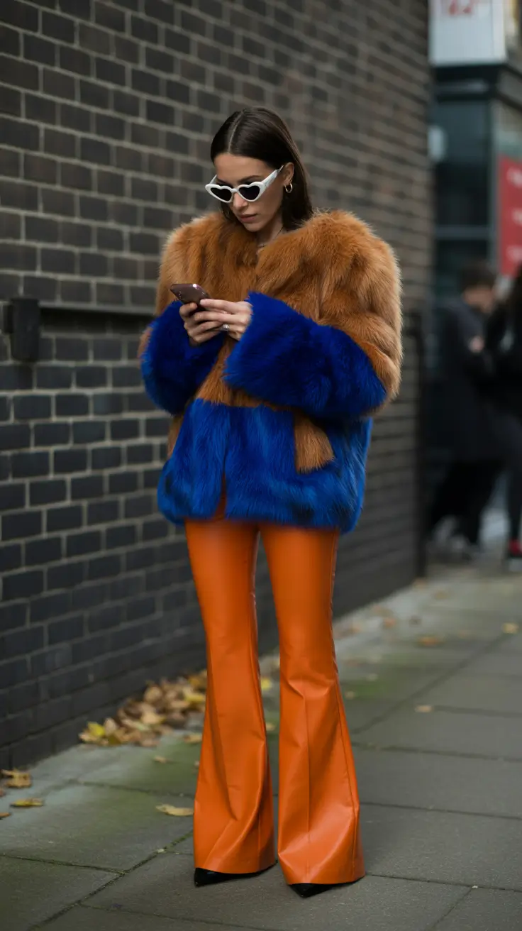Two-Tone Faux Fur With Sleek Leather Trousers Japan outfit