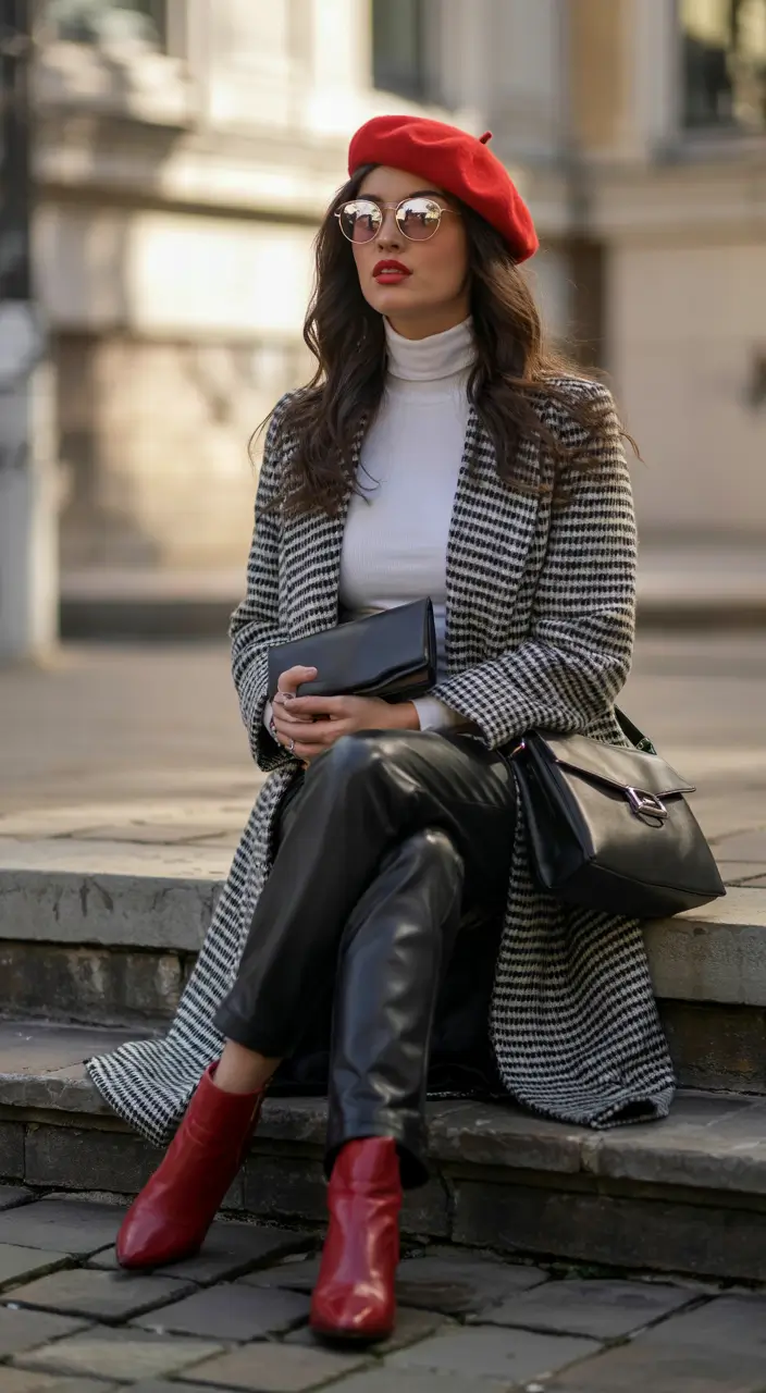 Houndstooth coat, white turtleneck and a red beret winter birthday outfit