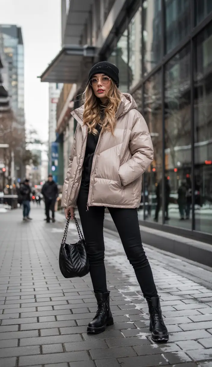 Beige Puffer Jacket with Black Skinny Jeans and Lace-Up Boots jacket outfit