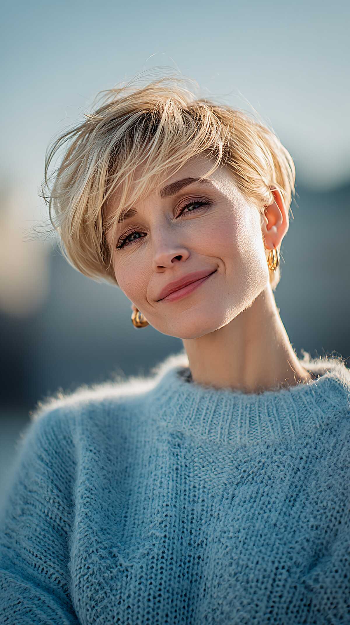 Wispy blonde pixie with a textured fringe pixie hairstyle