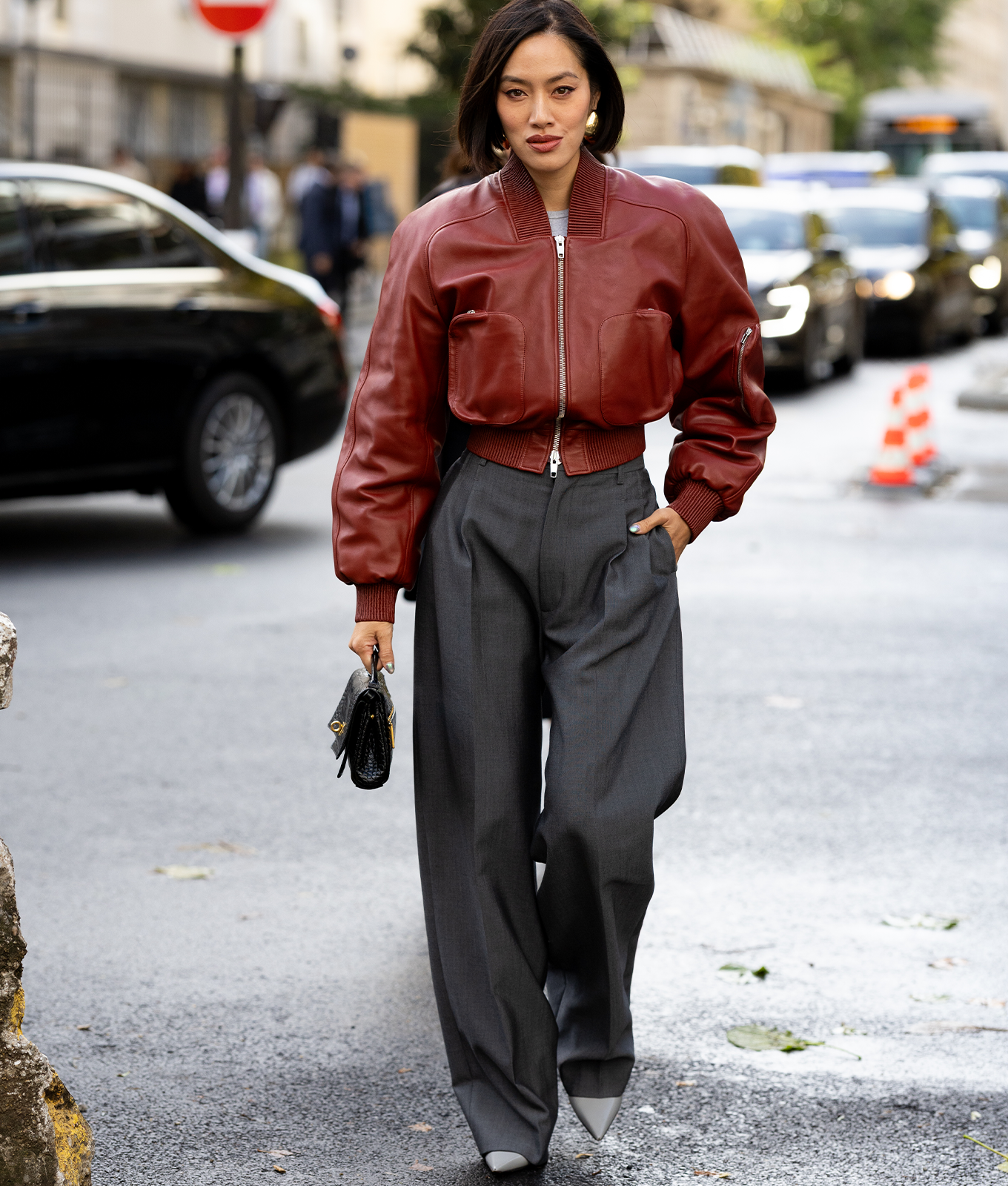 Leather Bomber Jacket with Tailored Trousers jacket outfit