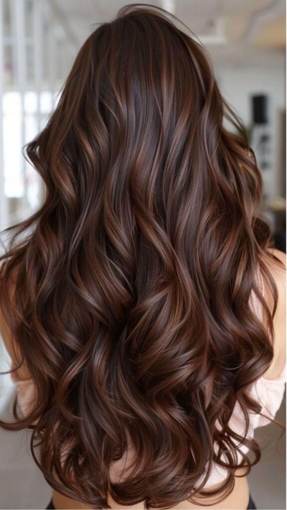 Dimensional copper streaks on espresso brown wavy hair