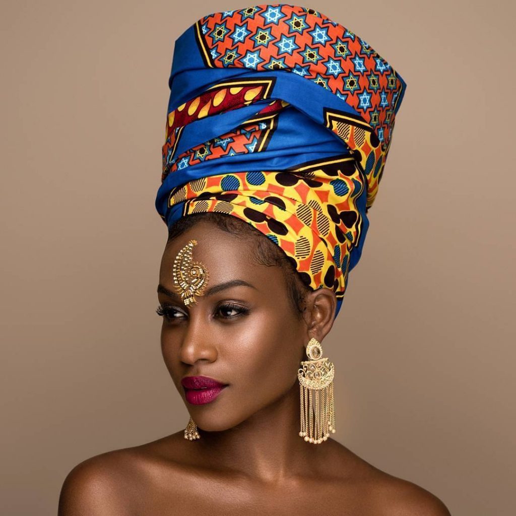 Colorful Ankara headwrap styled for a party