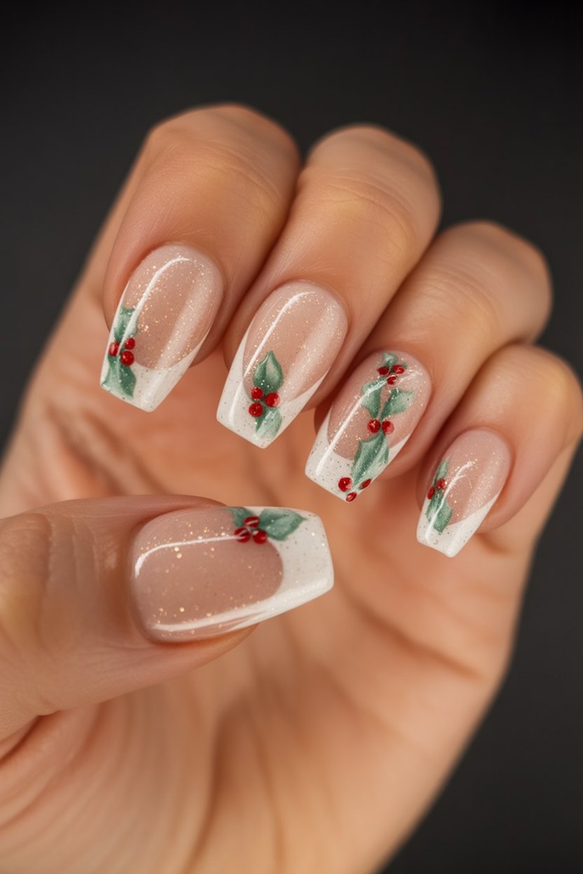 Holly Leaf Square French Tips Christmas French tips nail design