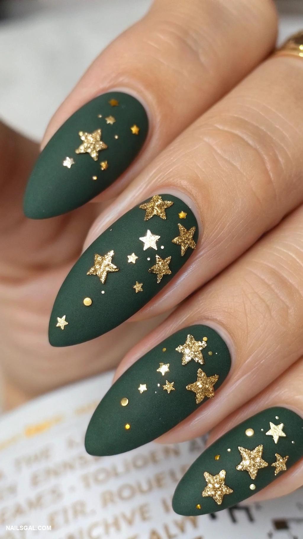 Hunter Green with Gold Stars winter nail manicure