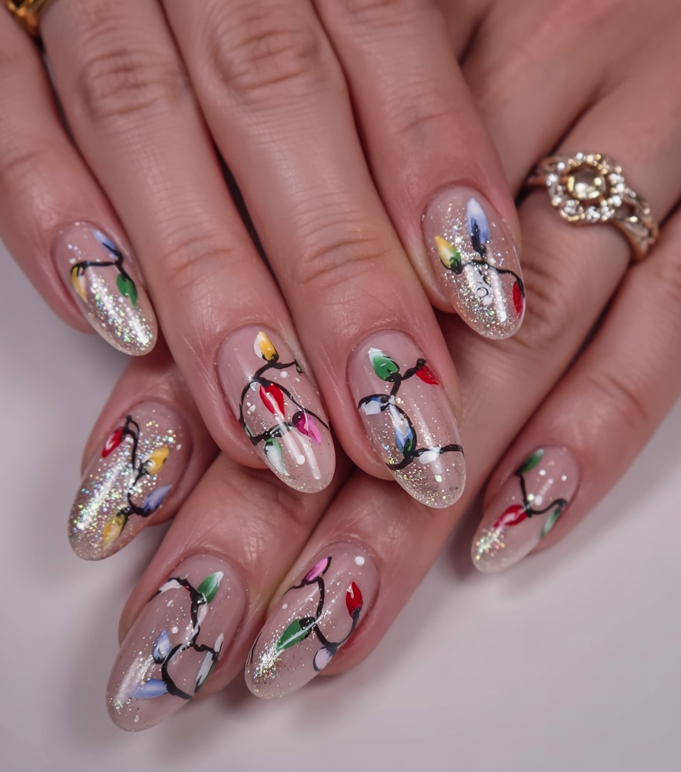 Glitter-Dusted Christmas Lights subtle Christmas nail design