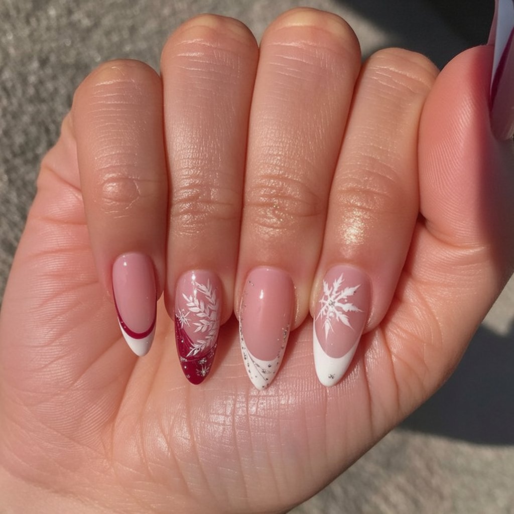 Mixed Set with Burgundy Glitter and Snowflake French classy Christmas nail manicure
